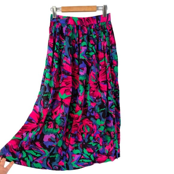 Vintage Floral Midi Cotton Skirt Pleated Cottagecore Summer Bright Pink Blue - Picture 4 of 8